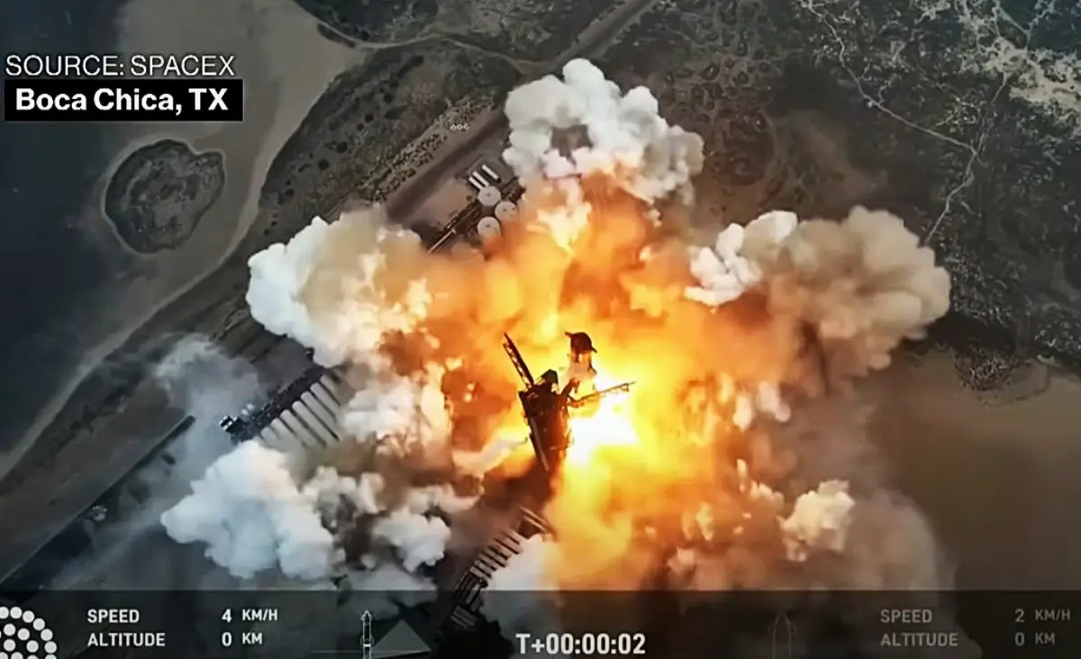 SpaceX Starship, 7th test: a few seconds after launch, January 16, 2025. The shuttle will explode a few minutes later, while the booster will return to the ramp unscathed