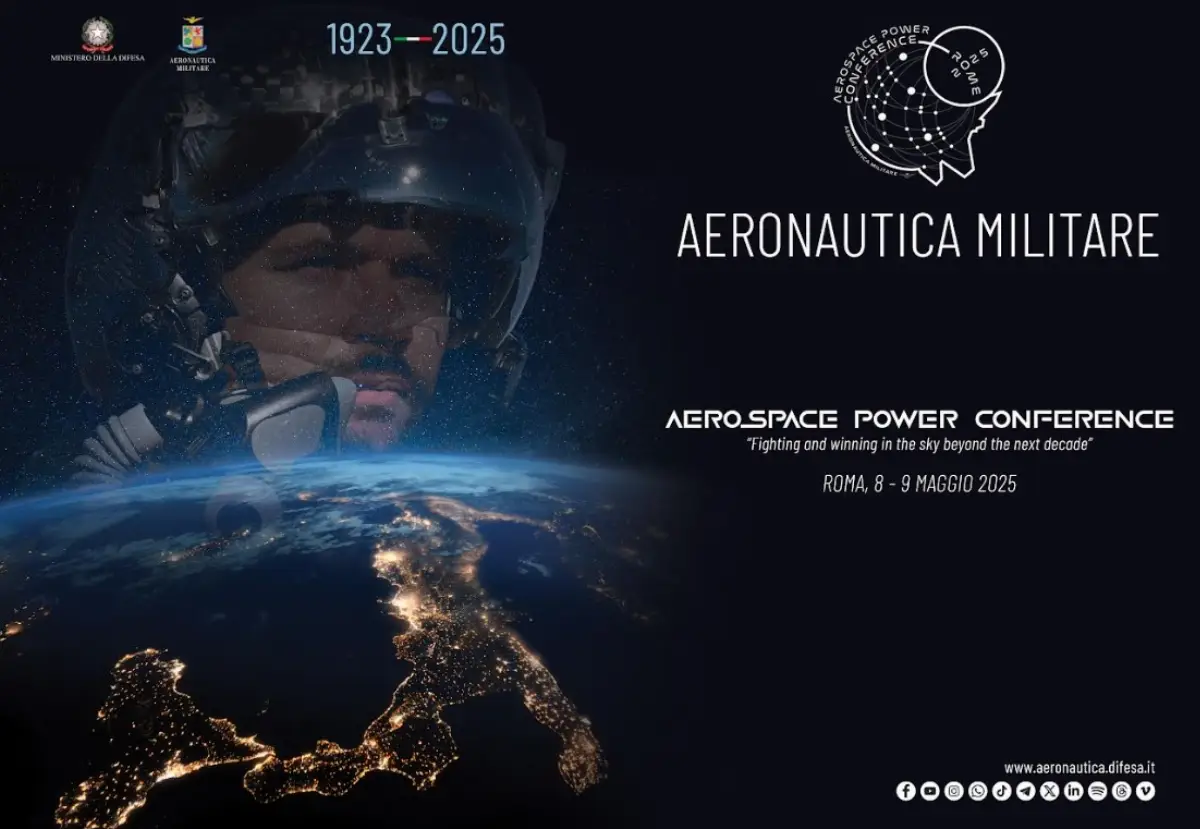 Locandina della seconda edizione dell'AeroSpace Power Conference organizzata dall'AMI per 8 e 9 maggio 2025 a Roma presso "La Nuvola"
