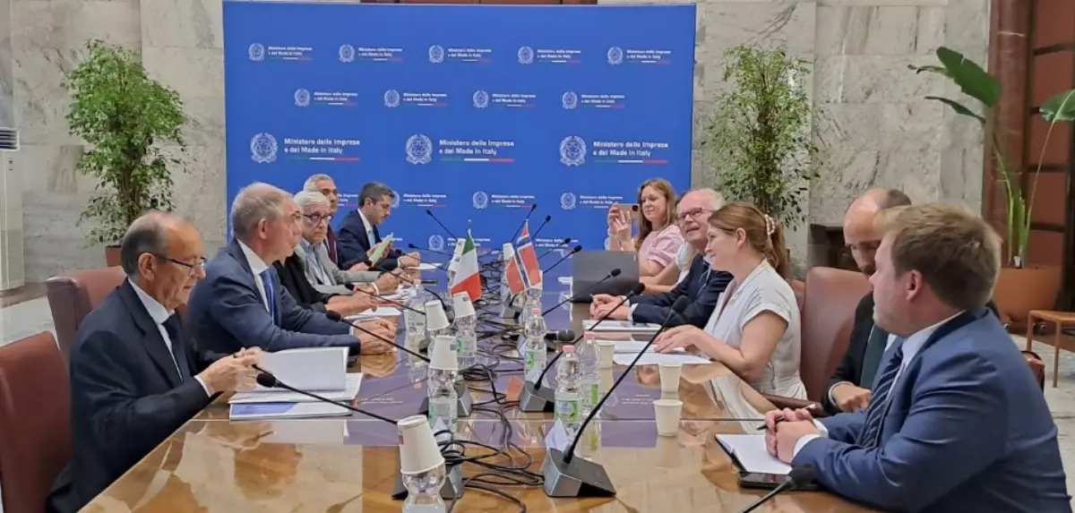 Rome, July 9, 2025. The Italian Enterprises and Made in Italy Minister, Adolfo Urso, and the Norwegian Commerce and Industry Minister, Cecilie Terese Myrseth during their meeting in Palazzo Piacentini