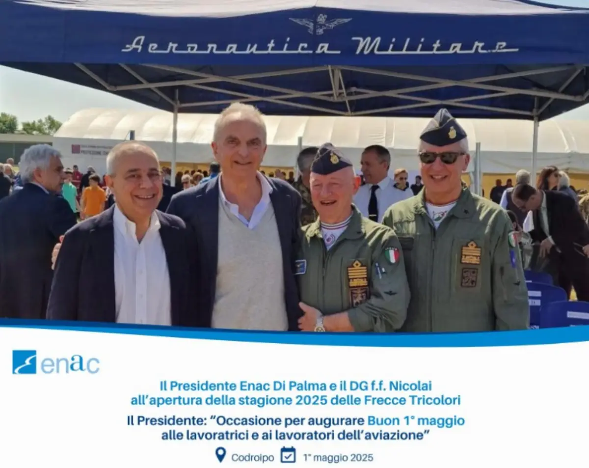 Rivolto, primo maggio 2025. Enac: presidente Di Palma (secondo da sinistra) e dg facenti funzioni Nicolai (primo da sinistra) insieme al capo di SM AMI, generale SA Luca Goretti all'apertura della stagione acrobatica delle "Frecce Tricolori"
