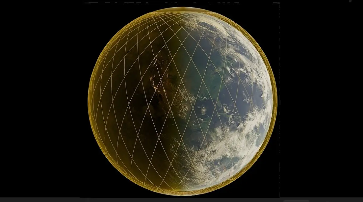 Golden Dome. Visualization of a global constellation of space interceptors like the one proposed by the "Golden Dome"