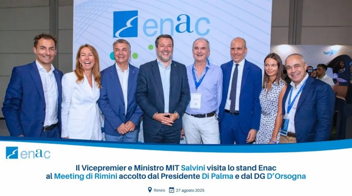 Rimini, 27 agosto 2025. Il vicepremier e ministro Matteo Salvini (Mit) visita lo stand Enac al Meeting di Rimini accolto dal presidente Pierluigi Di Palma e dal direttore generale Alexander D’Orsogna
