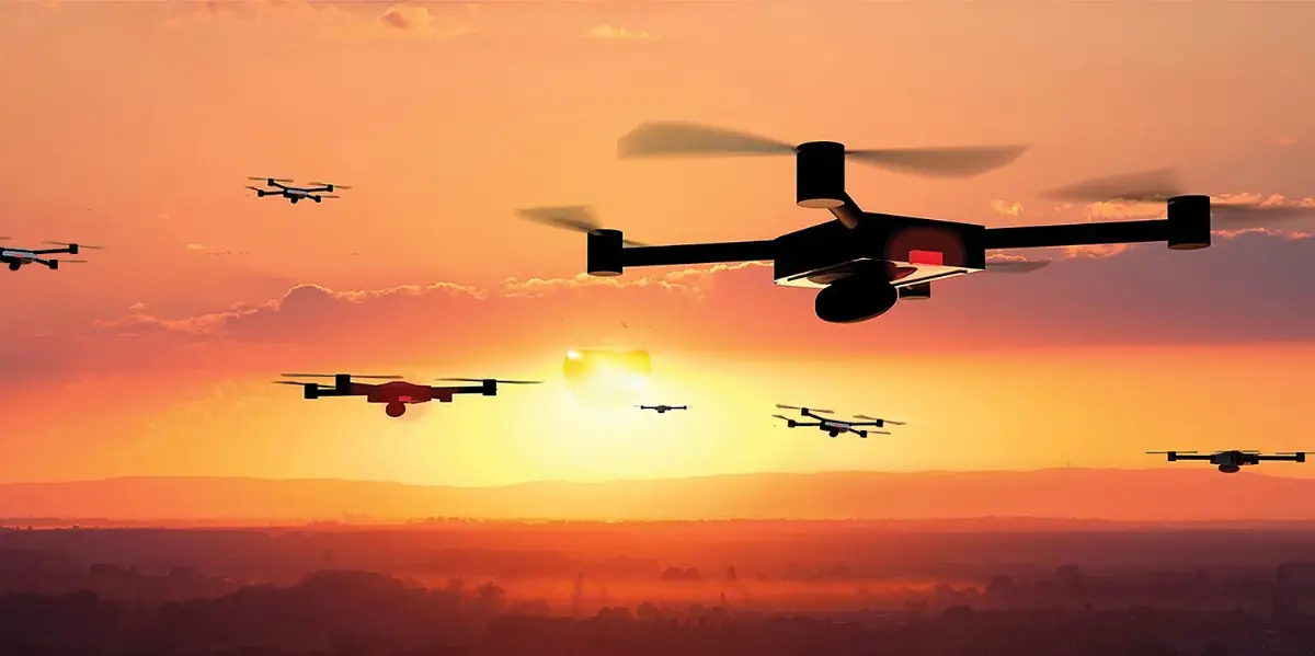 A series of military drone aircraft