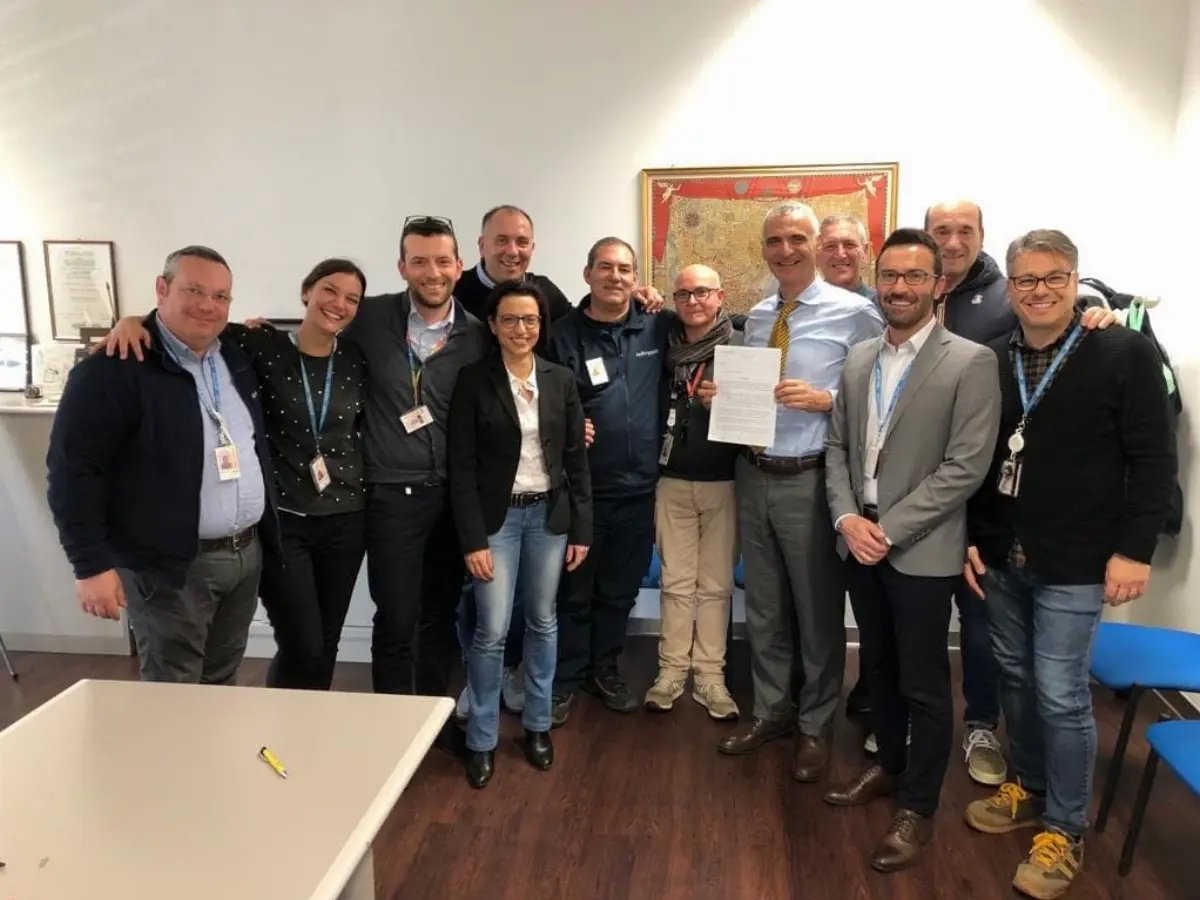 Accordo siglato giovedì 7 febbraio 2019 per lo stabilimento Avio Aero di Brindisi tra direzione aziendale ed Rsu di stabilimento di Fim-Fiom-Fismic-Ugl-Failms alla presenza ad Riccardo Procacci in visita nel sito brindisino
