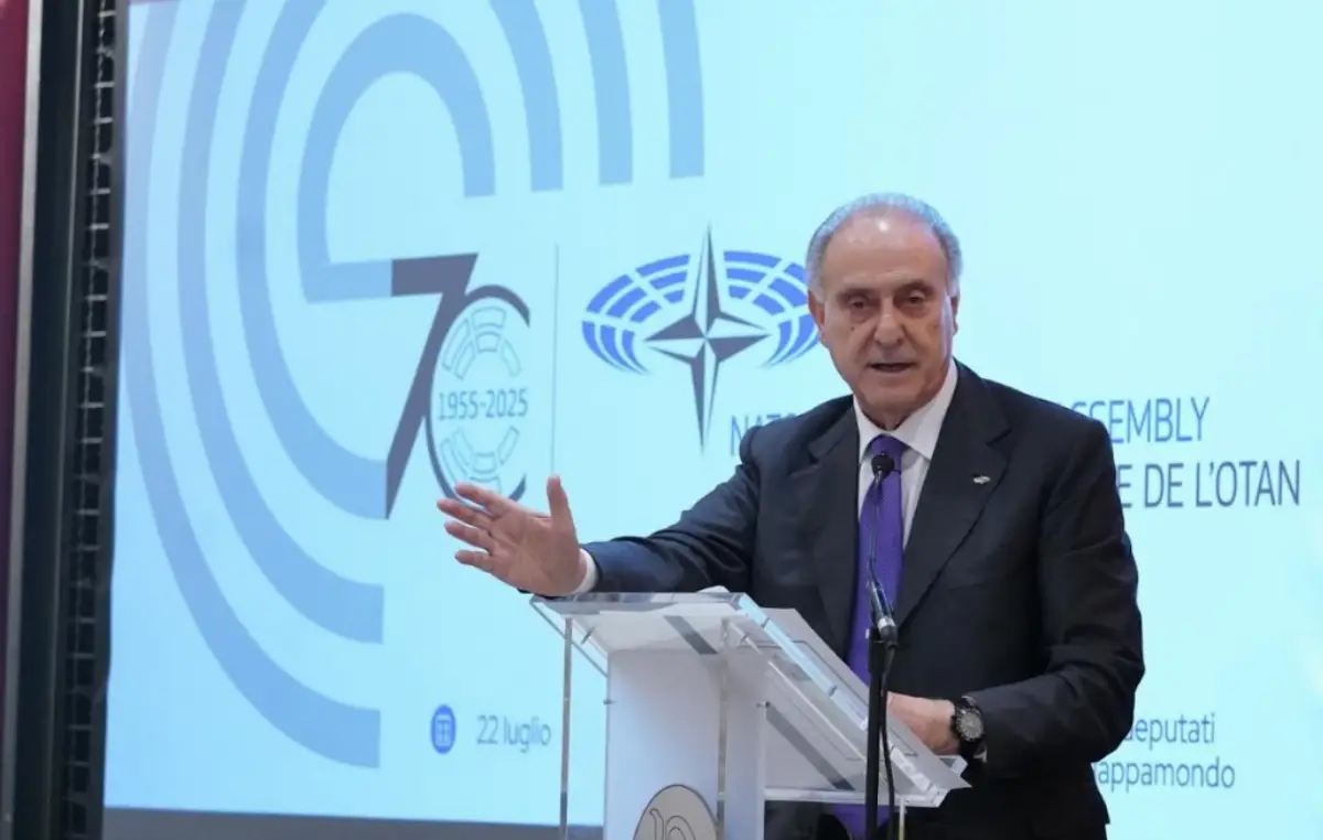 Roma, 22 luglio 2025. Il presidente della delegazione italiana presso l’assemblea Nato, Lorenzo Cesa, durante il suo intervento in occasione dei 70 anni