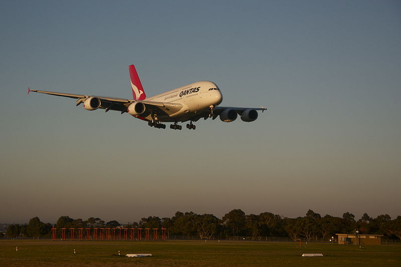 Qantas A-380 airplane lands and Melbourne Airport