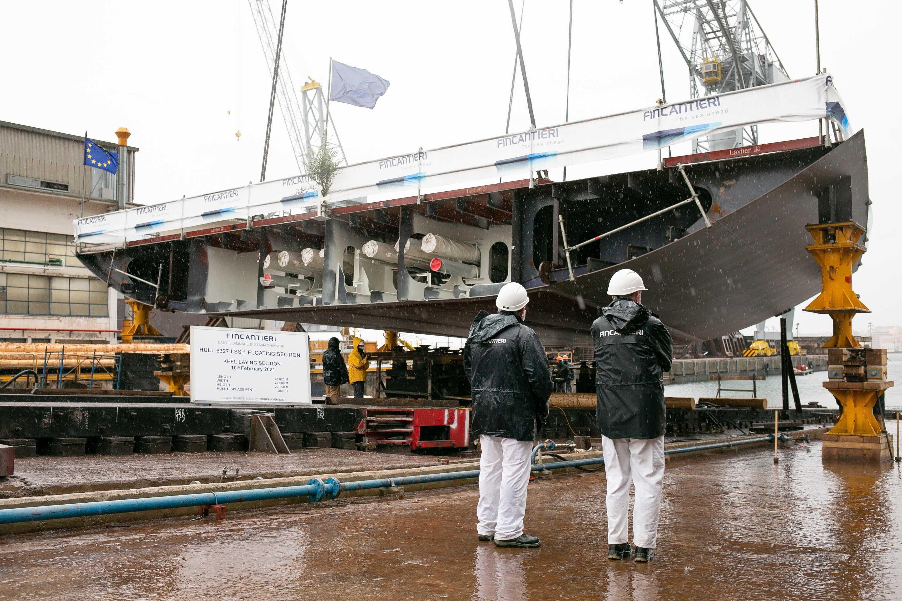 10 febbraio 2021 Fincantieri, stabilimento di Castellammare di Stabia impostazione sezione di prua di “Jacques Chevallier”, prima di quattro unità di supporto logistico Lss (Logistic Support Ship)