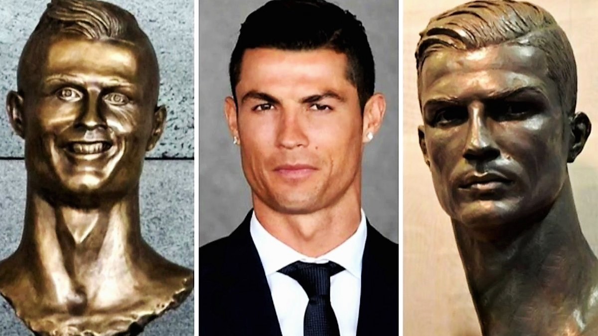 The footballplayer Ronaldo in the middle; his bronze on his left at Madeira airport, replaced with a new work (right)