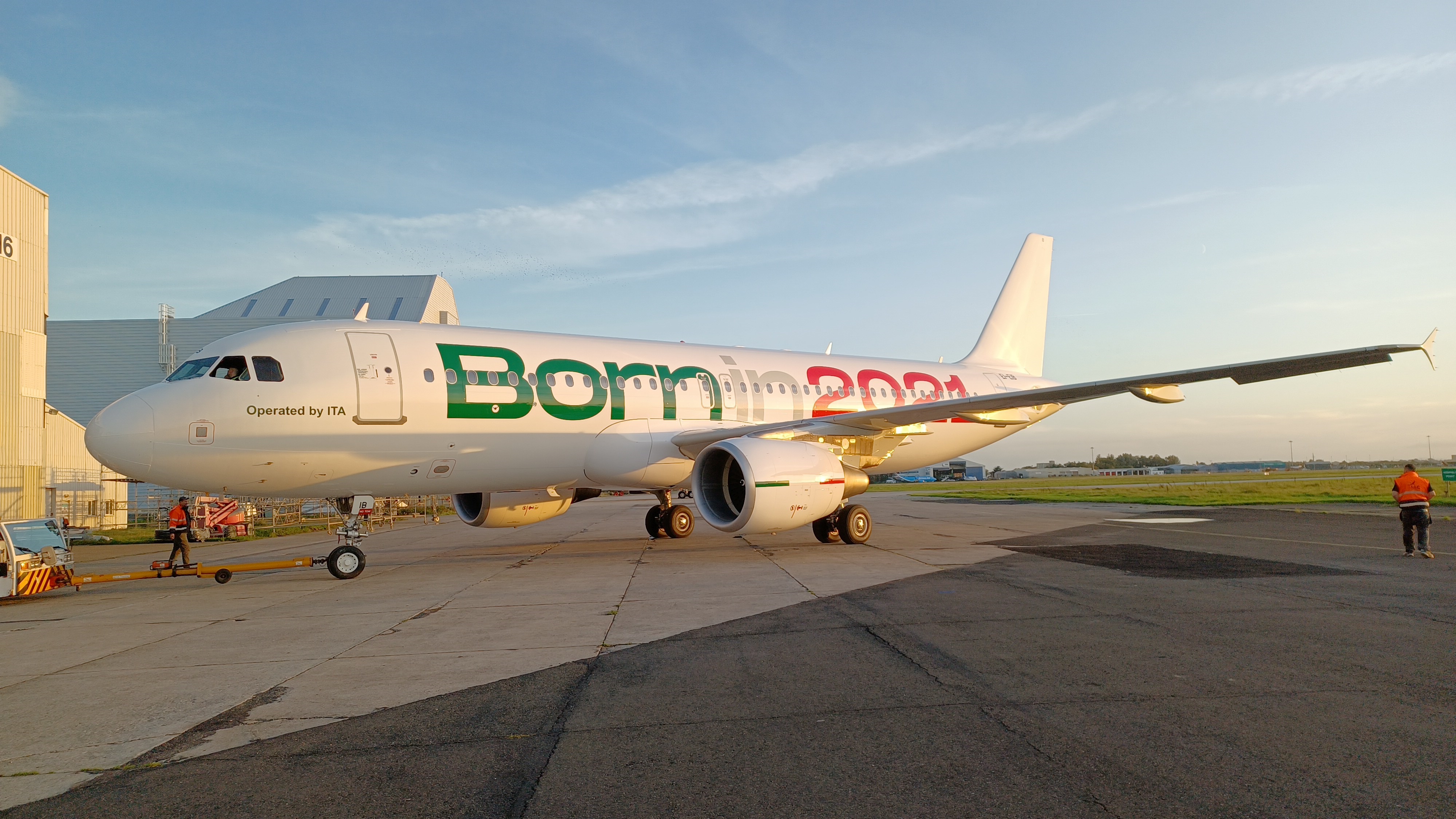 An A-320 from the fleet of ITA (Italia trasporto aereo) with “Born in 2021” livery, celebrating the birth of the new carrier, which leaves the hangar ready for take-off scheduled for next October 15, 2021