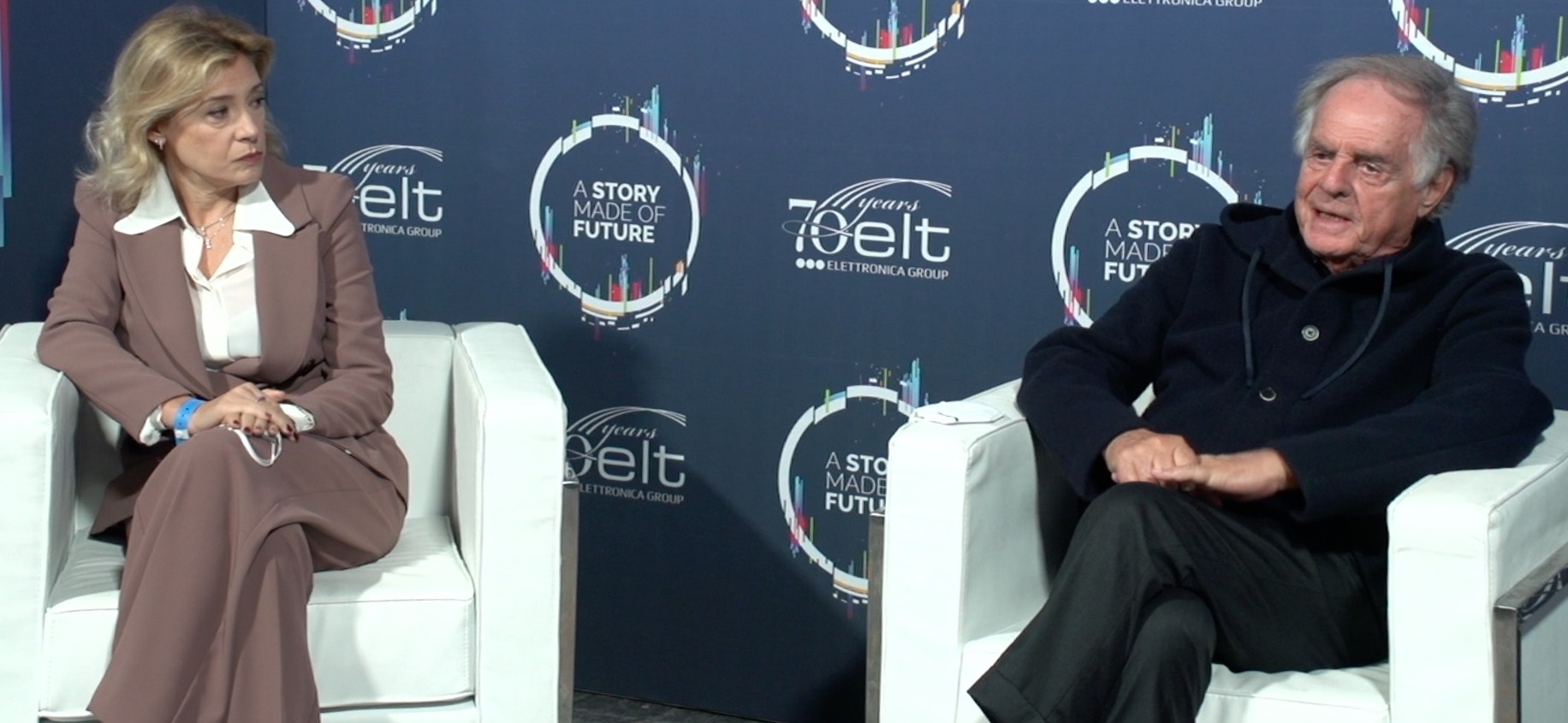 Elettronica. Domitilla Benigni, ad e ceo, ed Enzo Benigni, ceo e presidente all’evento “Elt 70 - A story made of future” svoltosi a Roma il 12 ottobre 2021