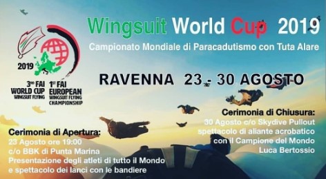 Locandina del campionato mondiale di paracadutismo con tuta alare (Ravenna 23-30 agosto 2019)