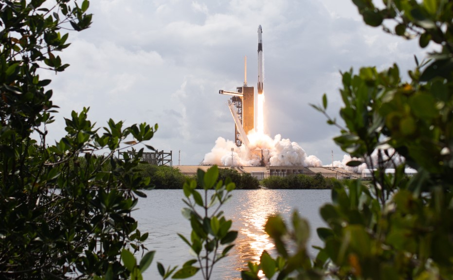 A SpaceX Falcon 9 rocket carrying the company's Crew Dragon spacecraft is launched from Launch Complex 39A on NASA’s SpaceX Demo-2 mission to the ISS with NASA astronauts Robert Behnken and Douglas Hurley aboard, Saturday, May 30, 2020, at NASA’s Kennedy Space Center in Florida