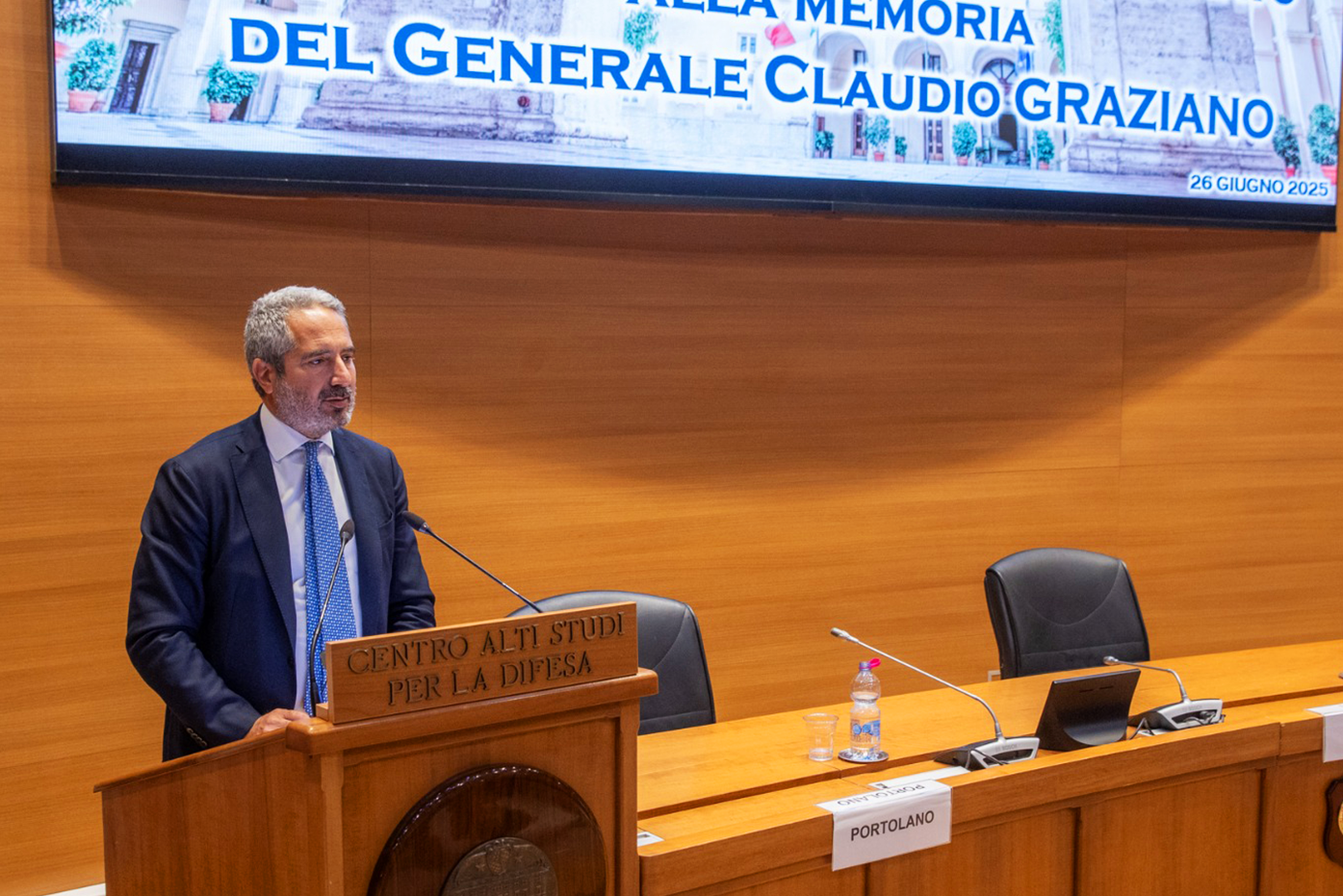 Roma, 26 giugno 2025. Pierroberto Folgiero, ad e dg Fincantieri, durante il suo intervento alla cerimonia di proclamazione e conferimento del premio di dottorato alla memoria del “Generale Claudio Graziano” istituito da Fondazione Fincantieri e Casd