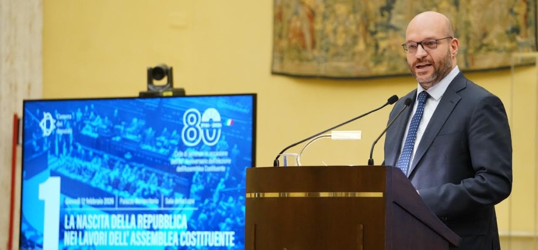 Roma, 12 febbraio 2026. Il presidente della Camera dei deputati, Lorenzo Fontana, durante il suo intervento, in sala della Lupa, al convegno di apertura del ciclo di seminari sulle culture politiche dell'Assemblea costituente, avvio degli eventi promossi dalla Camera nell'anniversario degli 80 anni