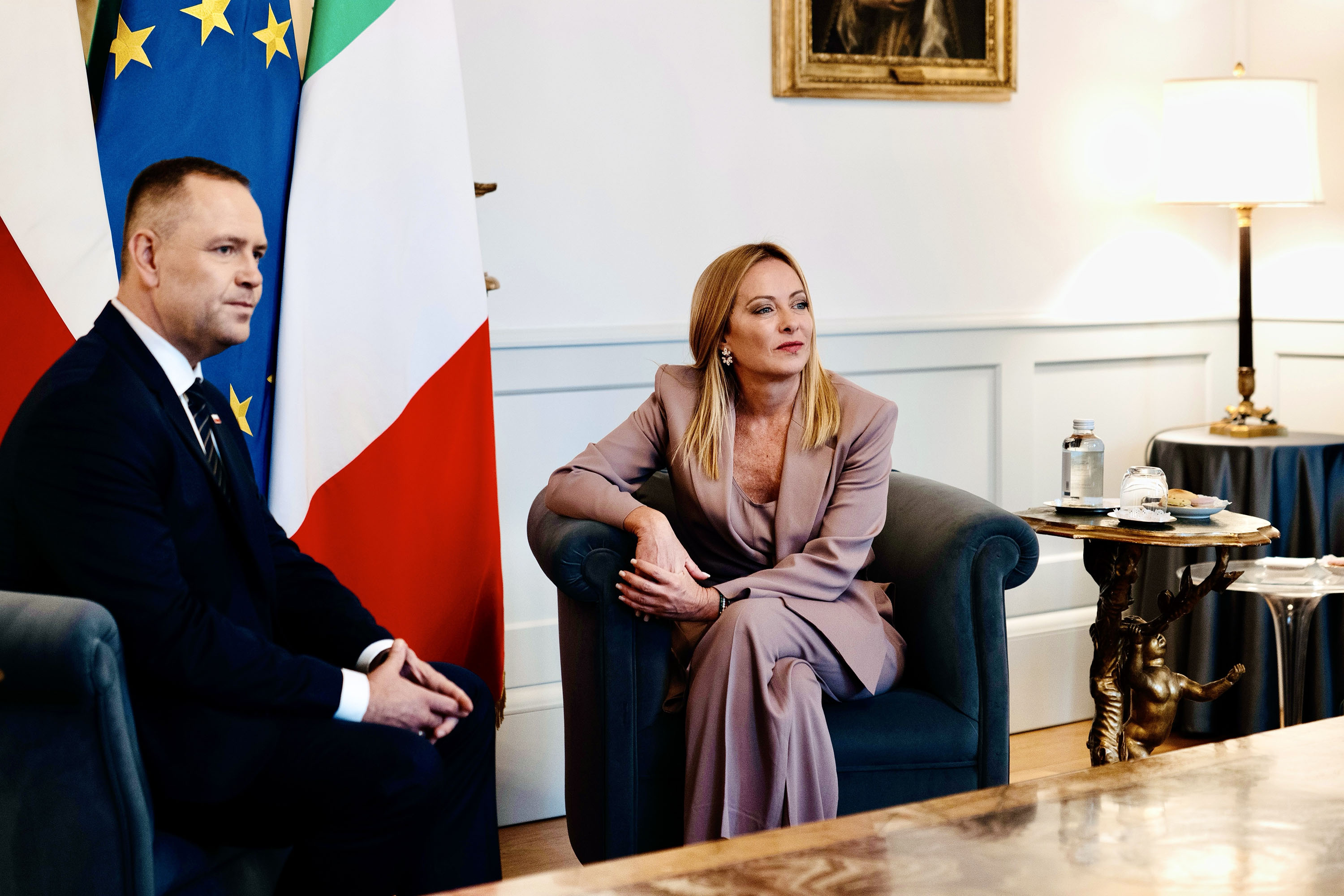 Roma, 04/09/2025 - Il presidente del Consiglio dei ministri, Giorgia Meloni, ha ricevuto a Palazzo Chigi il presidente della Repubblica polacca, Karol Nawrocki