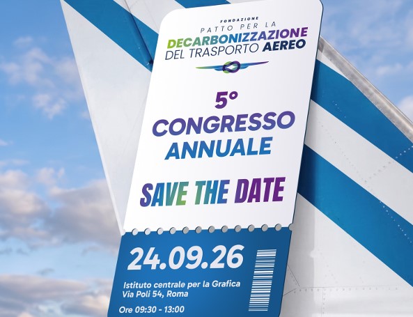 Fondazione Pacta (Patto per la decarbonizzazione del trasporto aereo): locandina del quinto congresso annuale di giovedì 24 settembre 2026, dalle ore 9:30 e fino alle 13 presso l'Istituto centrale per la grafica (Palazzo Poli, via Poli 54 a Roma)