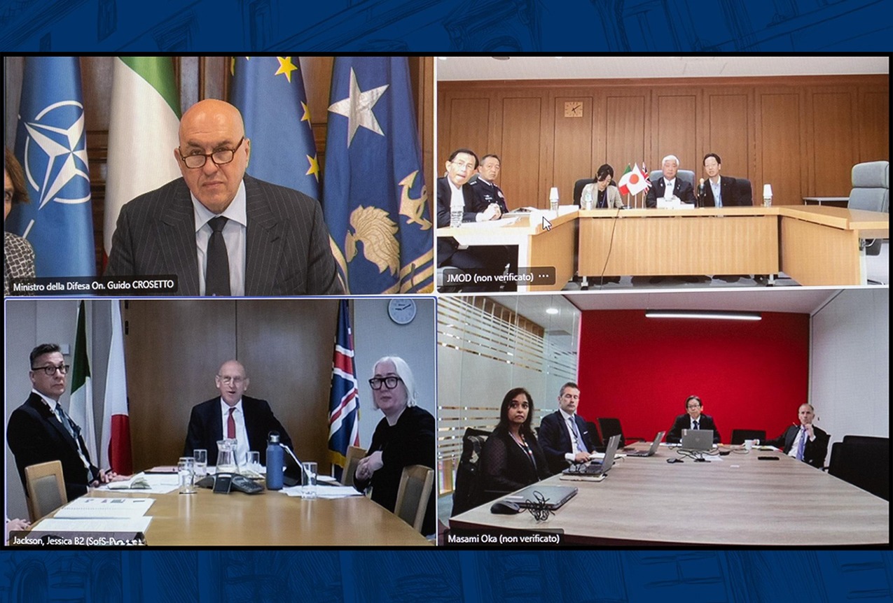 Rome, on July 7, 2025. The Italian Defence Minister Guido Crosetto, his Japanese counterpart Nakatani Gen and the UK State Defence Secretary John Healey in a virtual meeting on GCAP (Global Combat Air Programme)