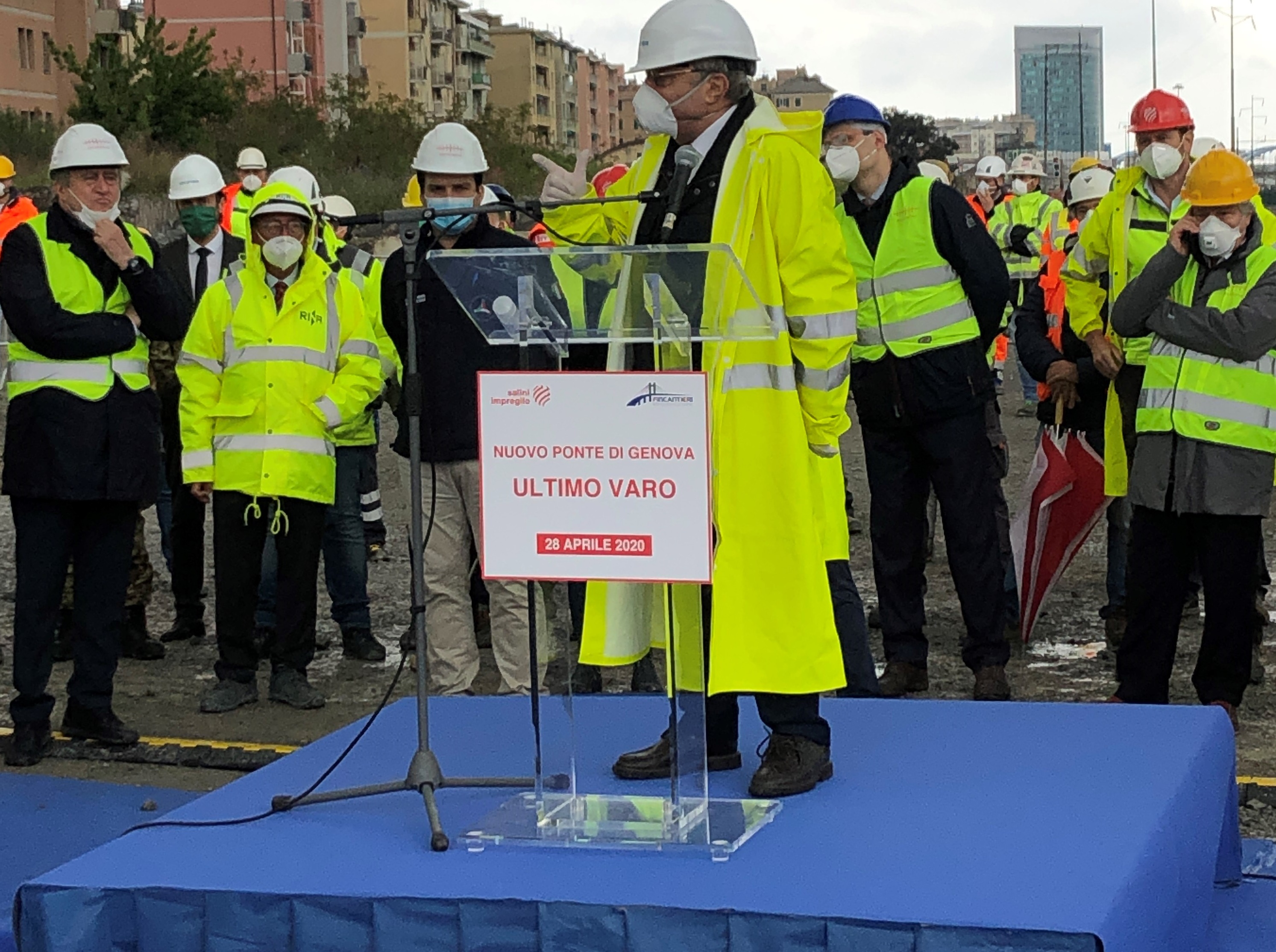 Nuovo ponte di Genova, ultimo varo il 28 aprile 2020. Giuseppe Bono, ad Fincantieri, durante il suo discorso