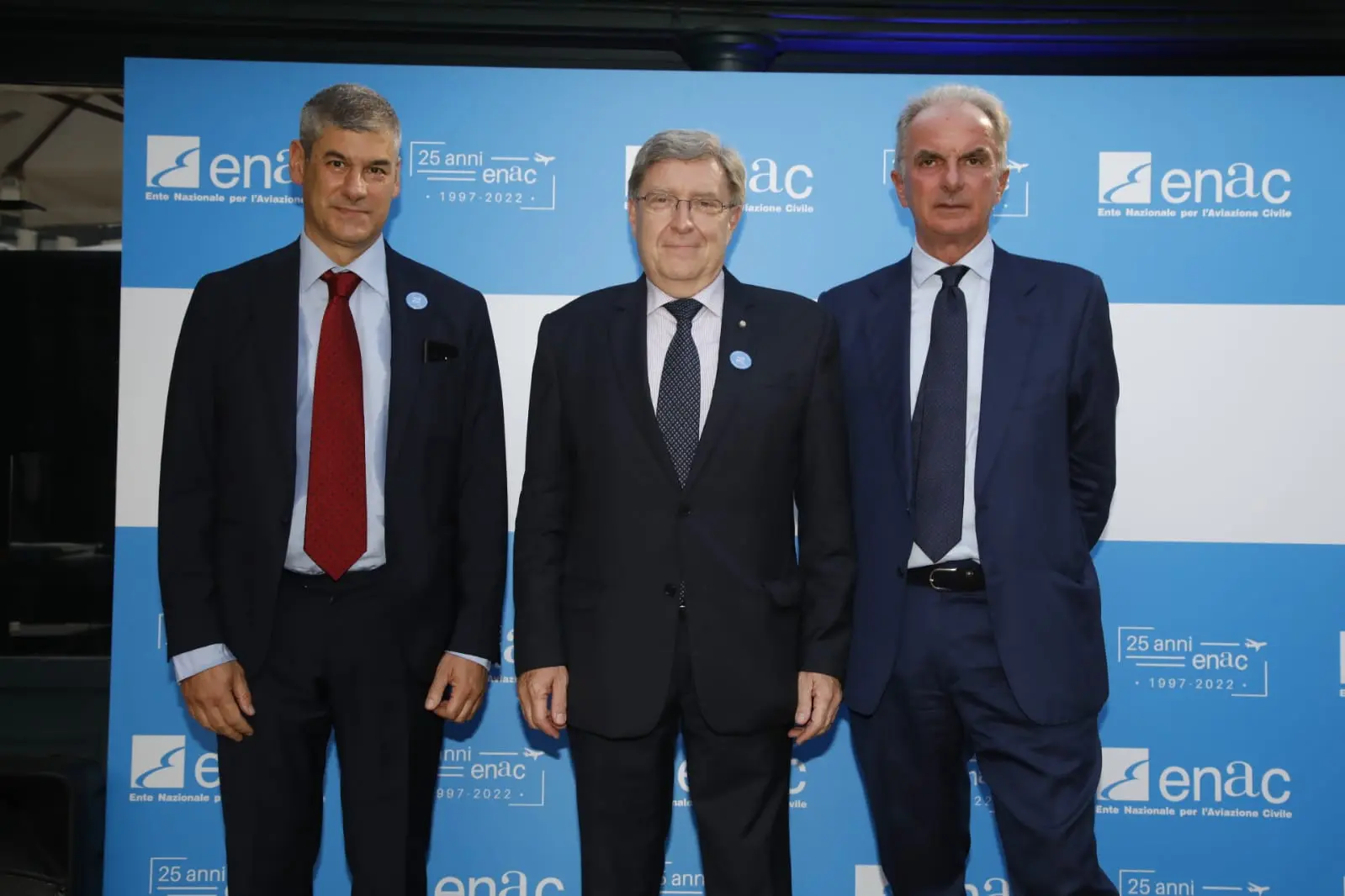 Evento a Roma per i 25 anni di Enac. Alessio Quaranta (direttore generale Ente), Enrico Giovannini (ministro Infrastrutture e mobilità sostenibili, Mims) e Pierluigi Di Palma (presidente) alla cerimonia svoltasi il 26 luglio 2022