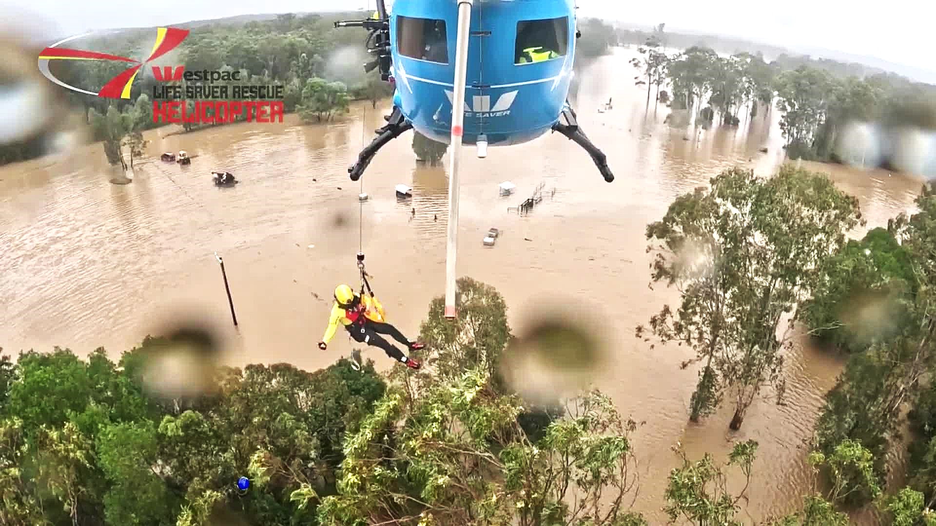 Helicopter of the Westpac Life Saver Rescue to the aid of Australian ranchers and farmers affected by heavy flooding in New South Wales