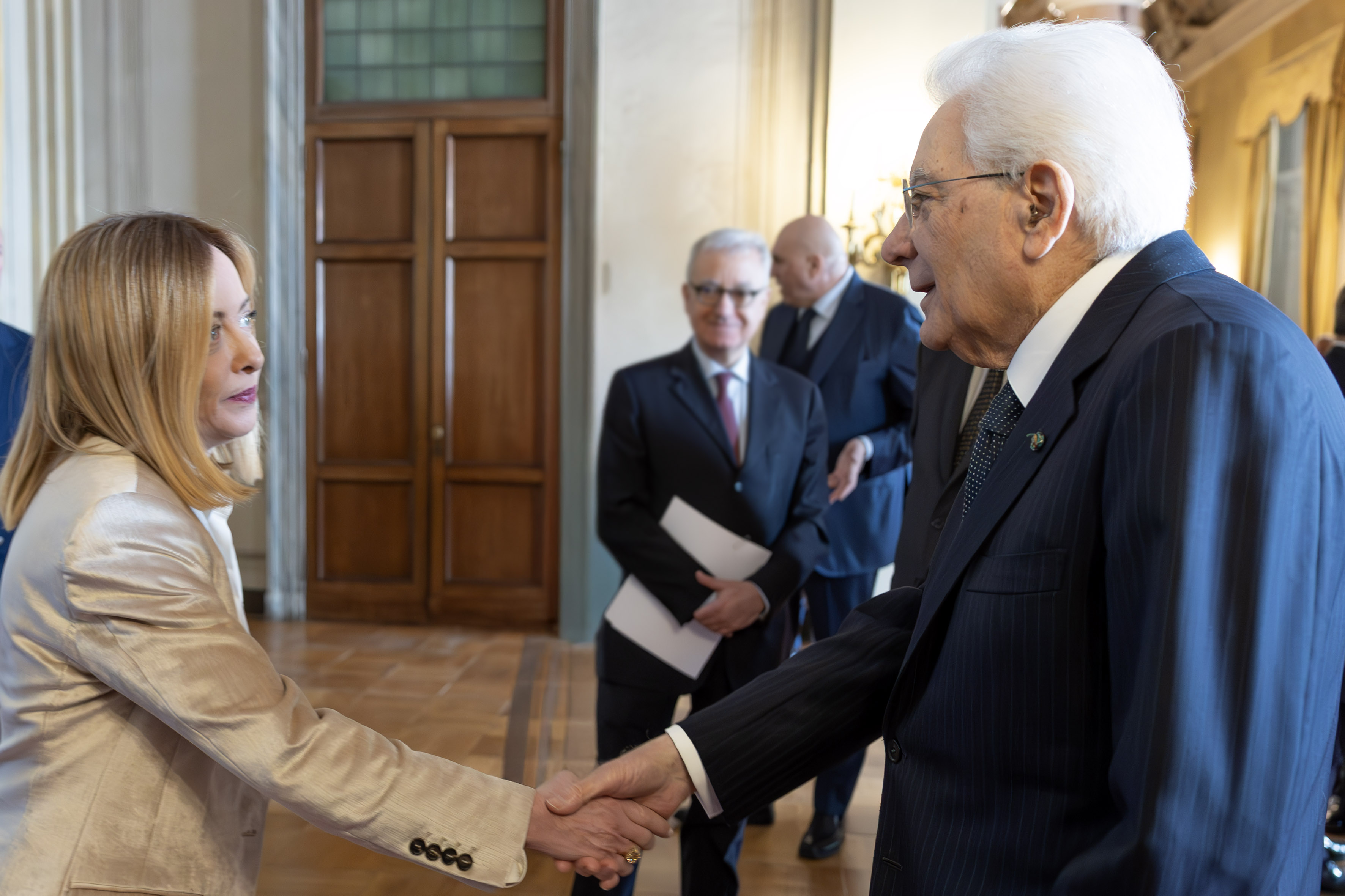 Palazzo del Quirinale, 19/03/2025 (II mandato) Il presidente Sergio Mattarella con il presidente del Consiglio dei ministri Giorgia Meloni, in occasione dell'incontro con i ministri ed altri membri del Governo, in vista del Consiglio europeo