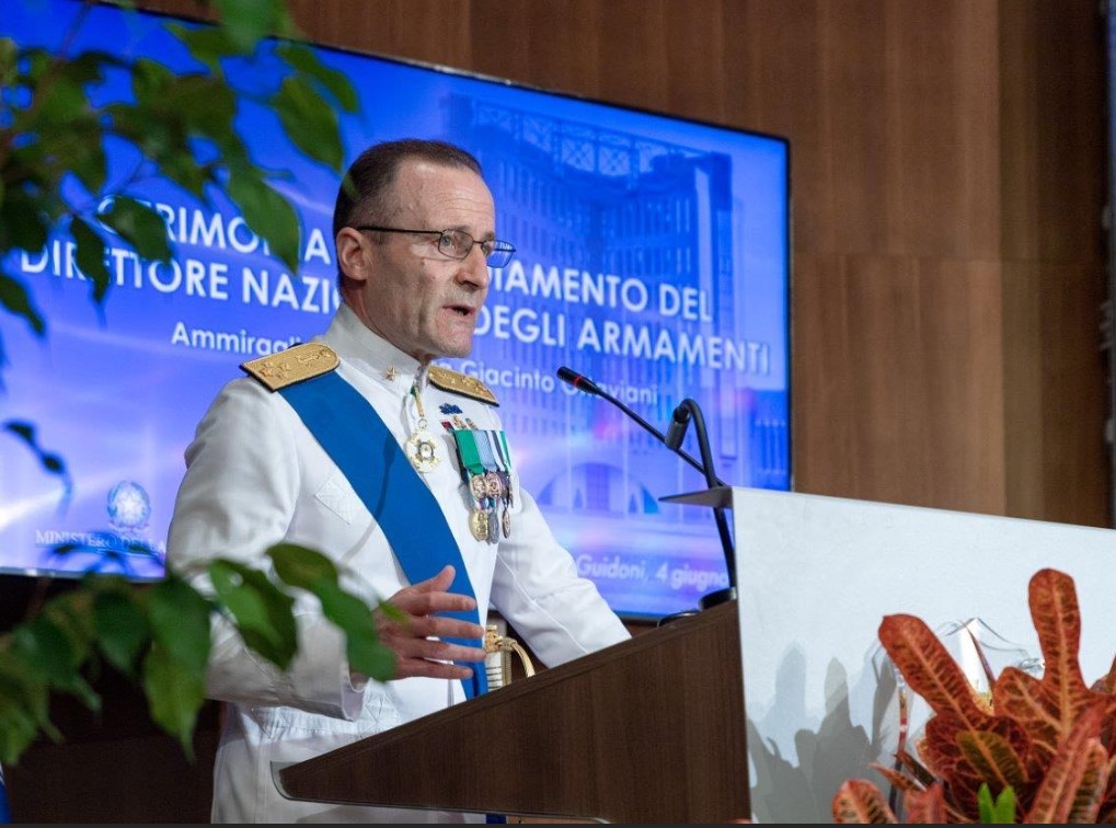 Roma, 4 giugno 2025 - L'ammiraglio di Squadra Giacinto Ottaviani nuovo direttore nazionale degli armamenti, durante il suo discorso di insediamento a Palazzo Guidoni