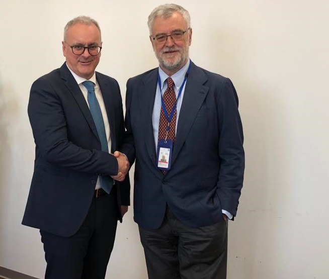 Il presidente Enac Nicola Zaccheo (sinistra) visita aeroporto di Napoli-Capodichino il 18 novembre 2019 ed incontra l’ad Gesac Roberto Barbieri (destra)