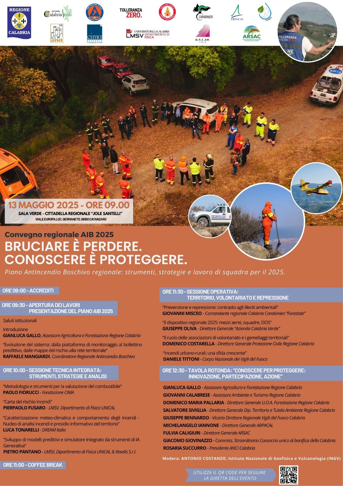 Locandina convegno “Bruciare è perdere, conoscere è proteggere. Piano antincendio boschivo regionale: strumenti, strategie e lavoro di squadra per il 2025” di martedì 13 maggio 2025 (9:30-12:30), sala verde della Cittadella regionale calabrese