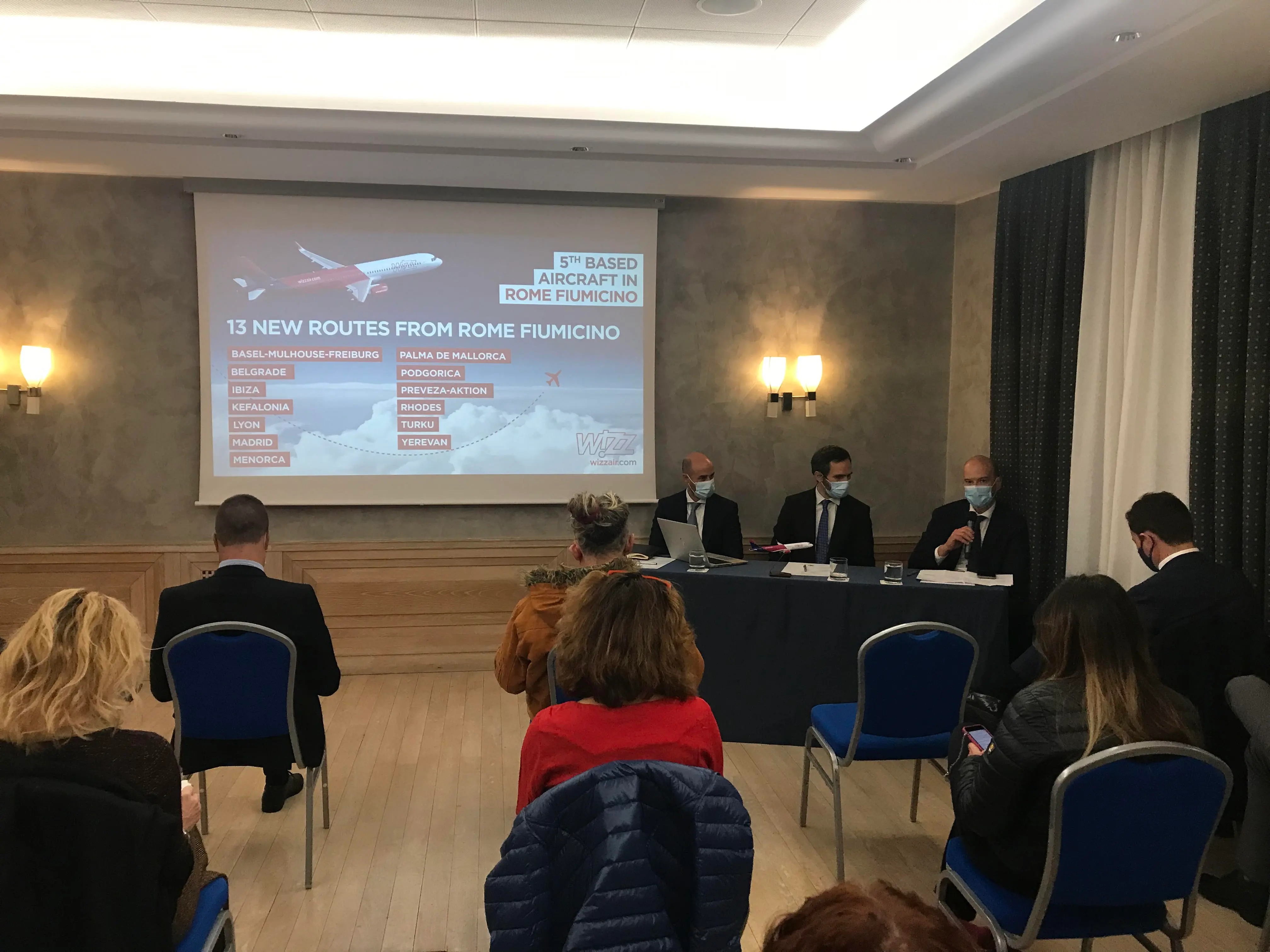 Air carrier Wizz Air announces the addition of a 5th aircraft at Rome-Fiumicino airport and 13 new routes. Among the speakers, from left: Andras Rado, Senior Corporate Manager of Wizz Air; George Michalopoulos, Chief Commercial Officer of Wizz Air; Ivan Bassato, Chief Aviation Officer of Aeroporti di Roma
