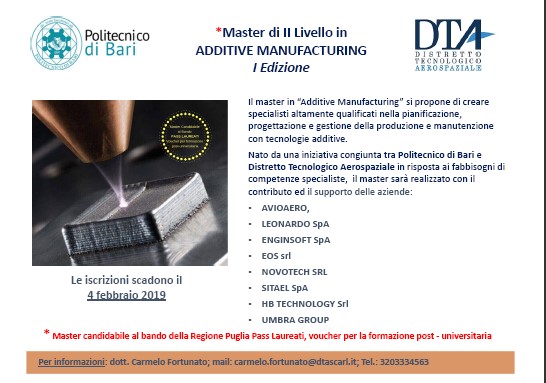 Politecnico di Bari-Dta: master in additive manufacturing per aerospazio