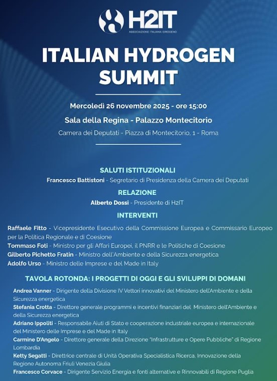 Locandina dell'evento "Italian Hydrogen Summit", l’appuntamento annuale promosso da H2IT, Associazione italiana idrogeno, che si svolge mercoledì 26 novembre 2025, alle ore 15, presso la Sala della Regina della Camera dei deputati
