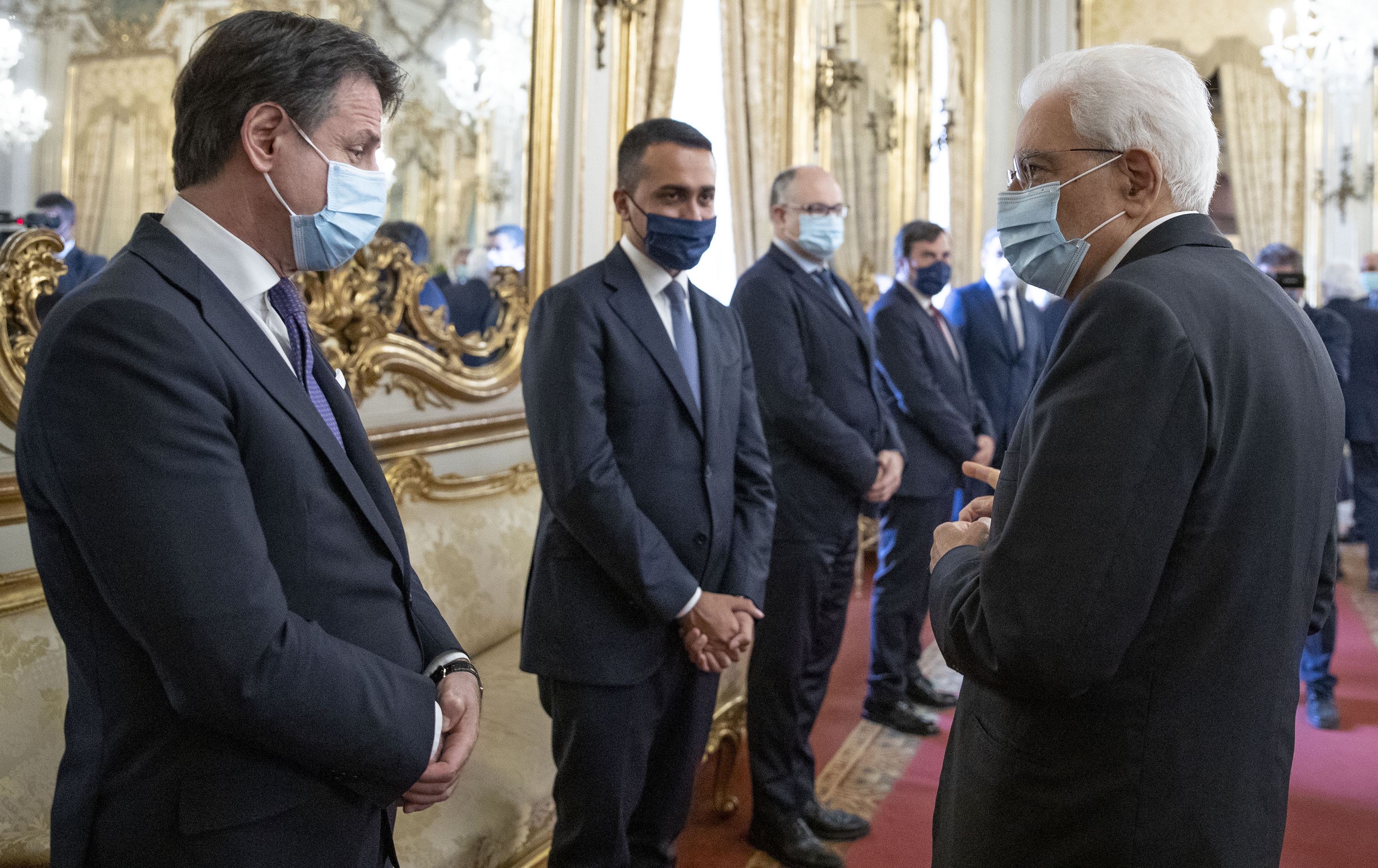 Palazzo del Quirinale 15/07/2020. Il presidente della Repubblica Sergio Mattarella con il presidente del Consiglio dei ministri ed altri membri del Governo, in occasione Consiglio europeo a Bruxelles 17-18 luglio 2020