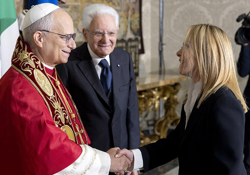 Il presidente del Consiglio dei ministri Giorgia Meloni ha partecipato al Quirinale alla visita ufficiale del pontefice Leone XIV