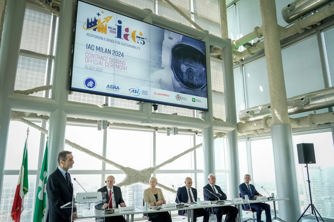 Attilio Fontana, presidente Regione Lombardia, durante intervento ad evento per firma contratto Iaf ed Aidaa, organizzare a Milano, 11-18 ottobre 2024, 75esima edizione International Astronautical Congress (Iac)