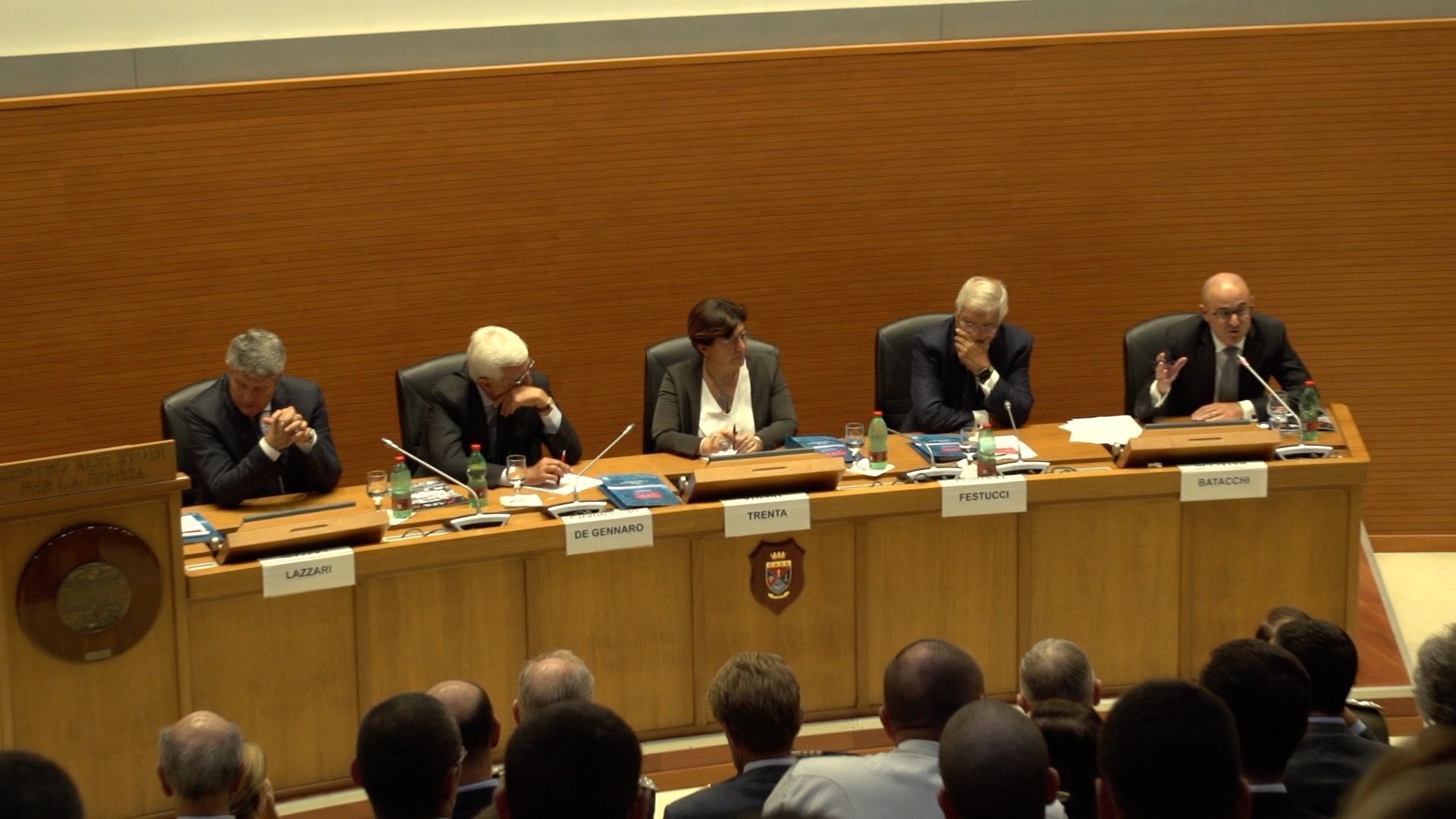 Evento al Casd per i 70 di Leonardo, alla presenza del ministro della Difesa Elisabetta Trenta e del presidente Gianni De Gennaro