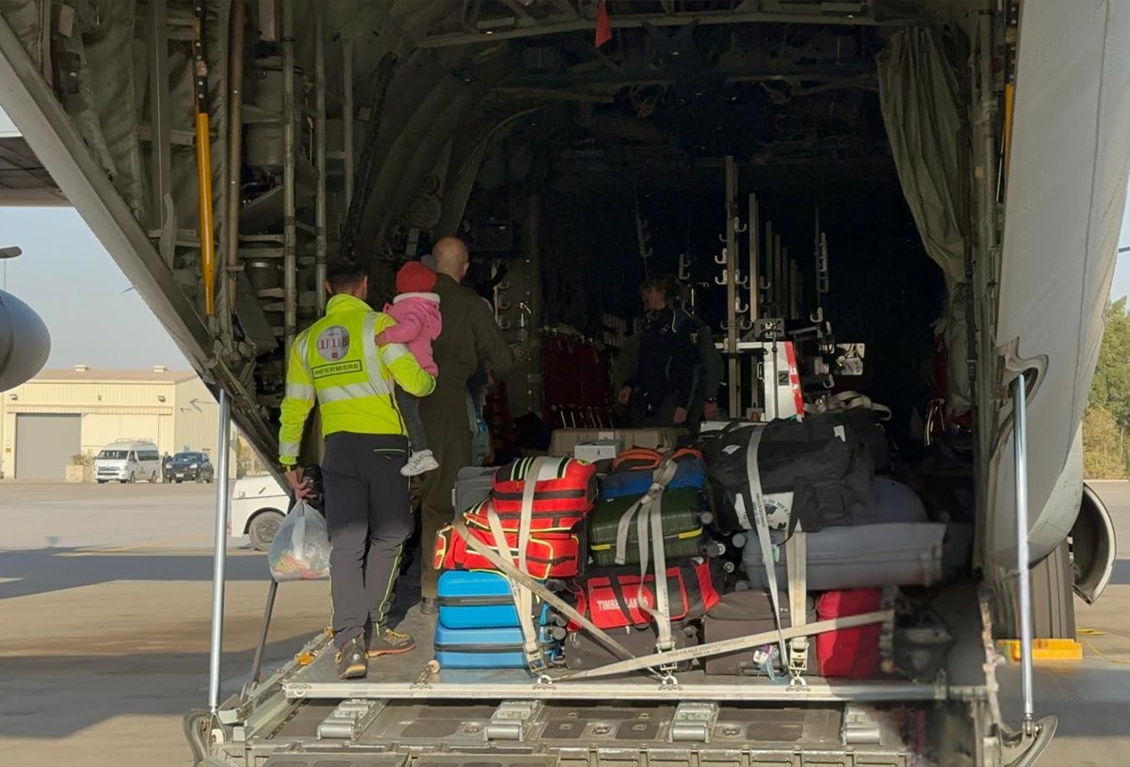 Il Cairo, 13 febbraio 2025. Aereo decollato dall’Egitto per un volo speciale dell’Aeronautica militare per il trasporto in Italia di 45 persone, tra bambini e accompagnatori, provenienti dalla Striscia di Gaza e bisognosi di cure mediche