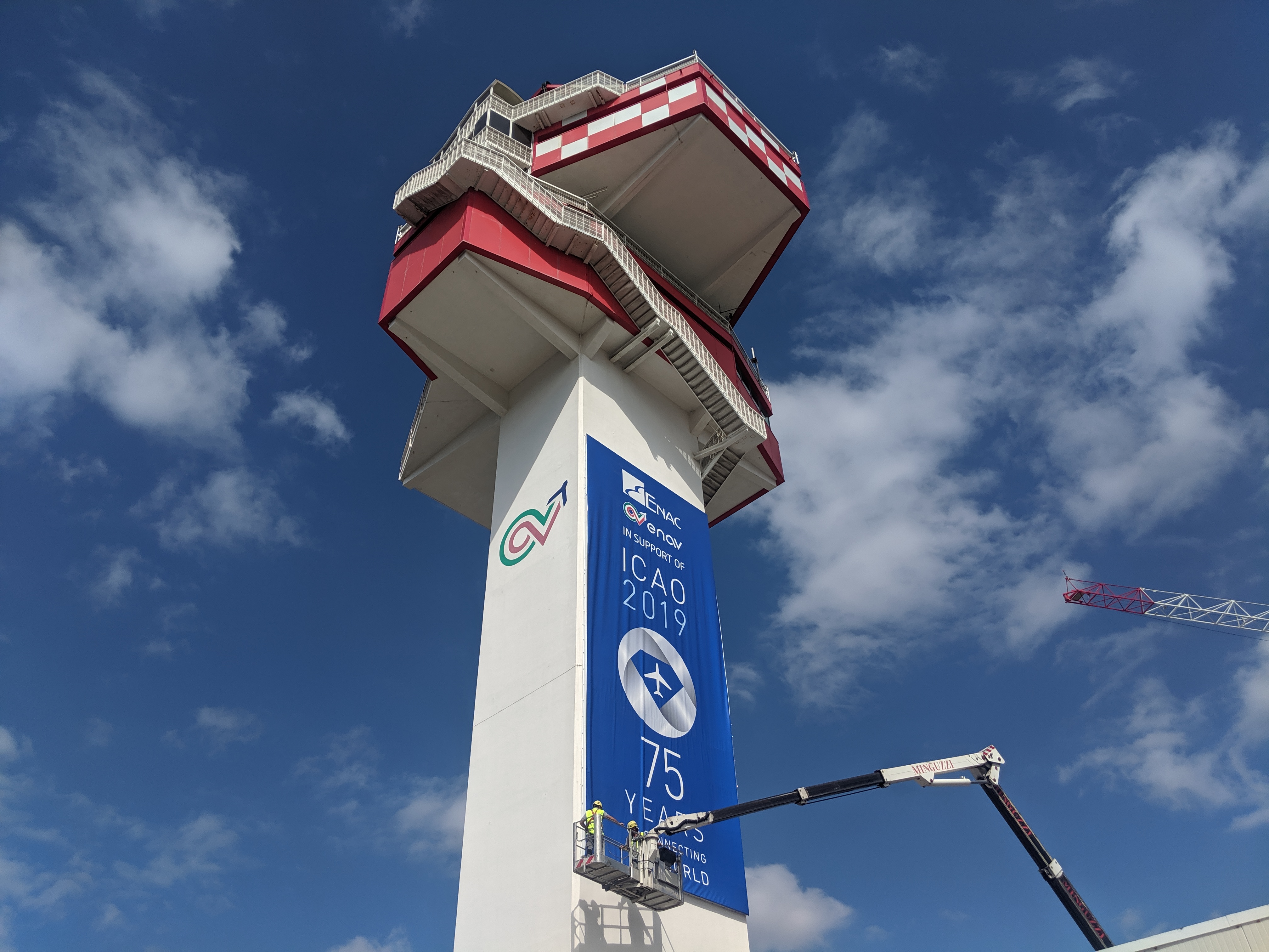 Installazioni presso la torre di controllo Enav dell'aeroporto di Fiumicino in occasione del settantacinquesimo anniversario Icao