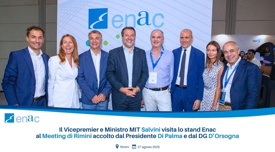 Rimini, 27 agosto 2025. Il vicepremier e ministro Matteo Salvini (Mit) visita lo stand Enac al Meeting di Rimini accolto dal presidente Pierluigi Di Palma e dal direttore generale Alexander D’Orsogna