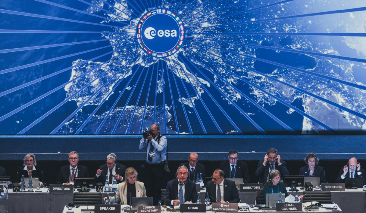 Brema, 27 novembre 2025. Un momento dei lavori durante il consiglio ministeriale svoltosi in Germania per due giorni 26-27 novembre a guida italiana con il ministro Adolfo Urso (Mimit) ed autorità delegata politica spazio ed aerospazio