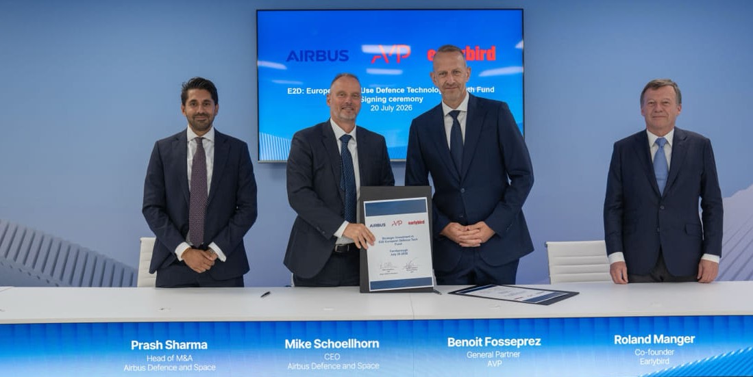 Michael Schoellhorn, CEO of Airbus Defence and Space, and Benoit Fosseprez, General Partner at AVP, sign an agreement establishing Airbus as the anchor investor in the new E2D European defence tech fund during the "Farnborough Airshow 2026" (July 20-24)