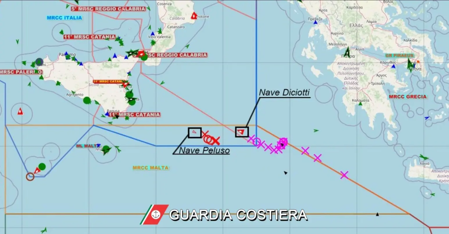 10 aprile 2023. Situazione nel Mar Ionio ripresa dal “sistema Pelagus” –sistema di monitoraggio del traffico marittimo, che permette alla Guardia costiera di raccogliere ed elaborare dati originati dalle unità da pesca, da diporto e mercantili