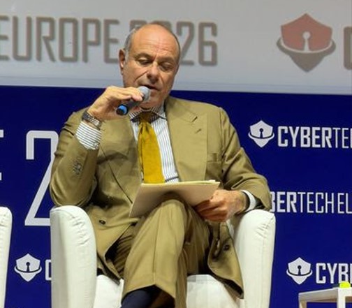 Marco Gabriele Proietti, presidente e fondatore della Cyber Security Foundation, durante il suo intervento al "Cybertech Europe 2026", alla 'Nuvola' di Roma (13-14 ottobre)
