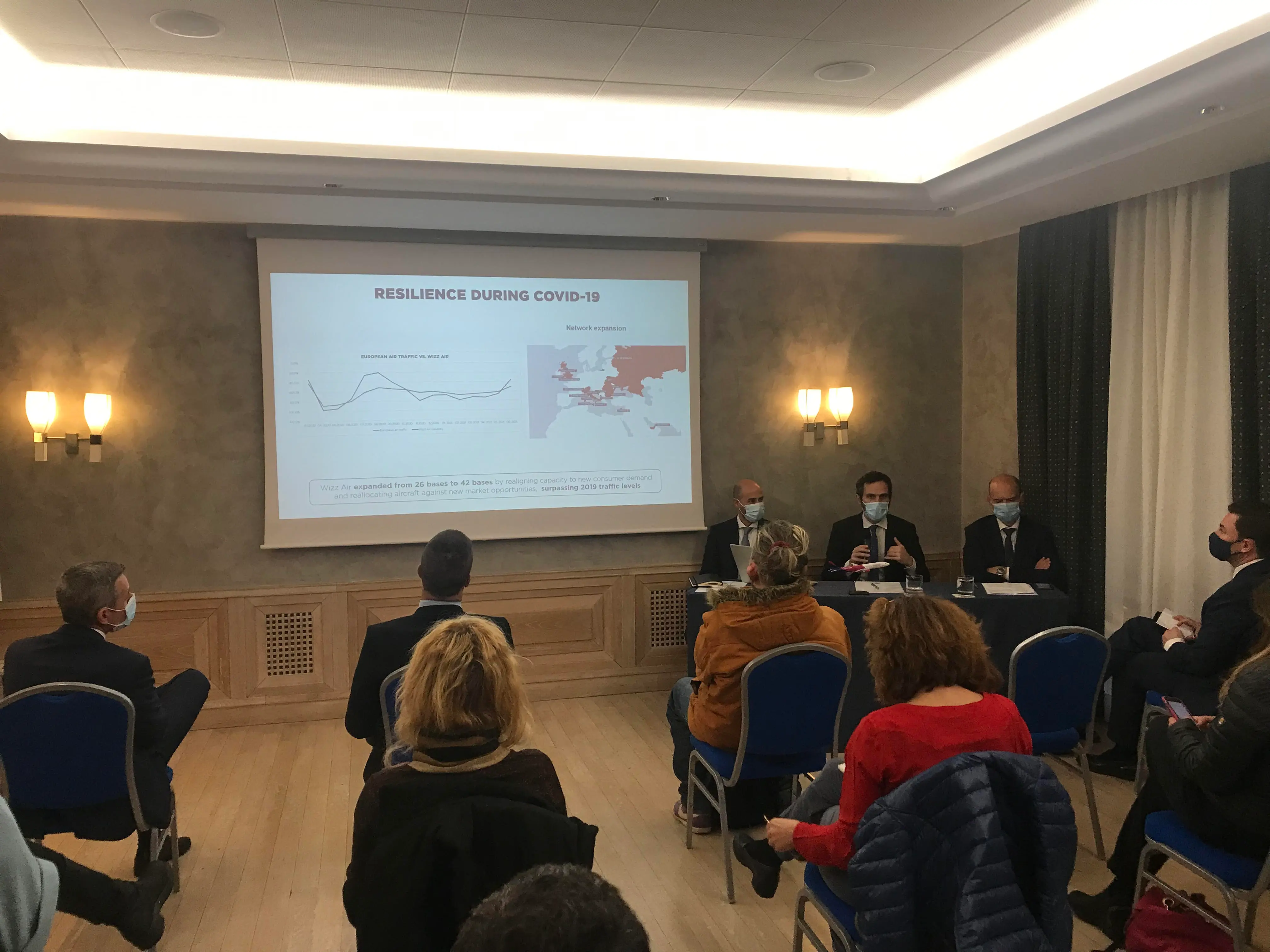 Air carrier Wizz Air announces the addition of a 5th aircraft at Rome-Fiumicino airport and 13 new routes. Among the speakers, from left: Andras Rado, Senior Corporate Manager of Wizz Air; George Michalopoulos, Chief Commercial Officer of Wizz Air; Ivan Bassato, Chief Aviation Officer of Aeroporti di Roma