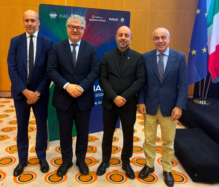 Castellaneta Marina (Taranto), 10 giugno 2026. Meeting Icao Eur/Nat, da sinistra: Alexander D'Orsogna, dg Enac; Juan Carlos Salazar, segretario generale Icao; Nicolas Rallo, Icao Regional Director, European and North Atlantic Office, e Fabio Nicolai, vice dg Enac, nel ruolo di moderatore