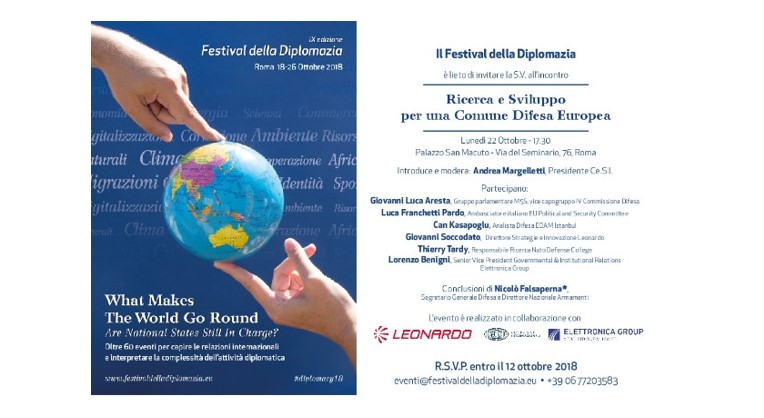 Locandina Festival della diplomazia: incontro "Ricerca e sviluppo per una comune difesa europea" 22 ottobre 2018 a Roma