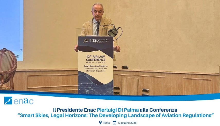 Roma, 13 giugno 2025. Il presidente Enac Pierluigi Di Palma durante il suo intervento alla conferenza internazionale “Smart Skies, Legal Horizons: The Developing Landscape of Aviation Regulators” per discutere delle sfide e prospettive della regolazione nel settore aeronautico