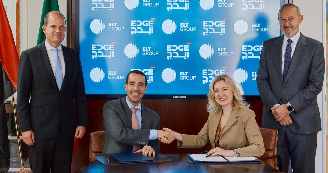 Lettera di intenti siglata da Domitilla Benigni, ceo e coo di Elt Group, ed Omar Al Zaabi, presidente Trading and Mission Support, Edge Group, alla presenza di Rodrigo Torres, Group Cfo, Edge, e Paolo Zani, Managing Director per Elt Group Uae (United Arab Emirates)