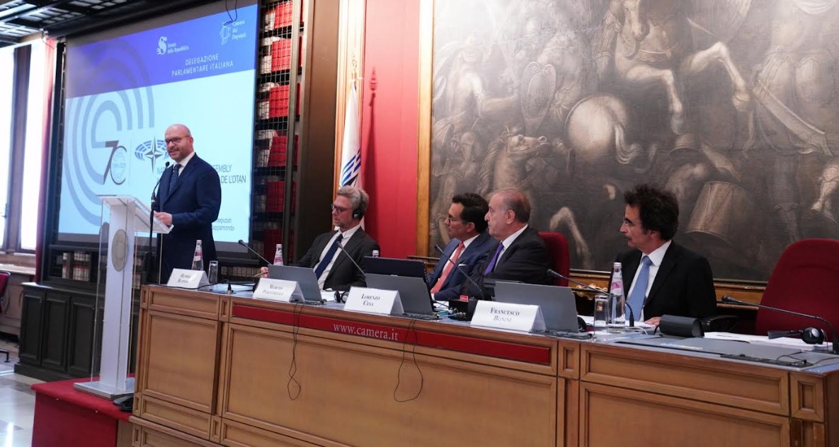 Roma, 22 luglio 2025. Il presidente della Camera dei deputati, Lorenzo Fontana, durante il suo intervento in occasione dei 70 anni assemblea parlamentare Nato