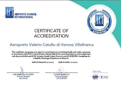 Coronavirus: aeroporto Valerio Catullo di Verona riceve l’Airport Health Accreditation di Aci (Airports Council International)