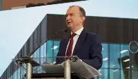 Giovanni Sanga, presidente Sacbo, durante il suo intervento all'inaugurazione del nuovo terminal partenze all'aeroporto di Bergamo-Orio al Serio avvenuta il 25 novembre 2025